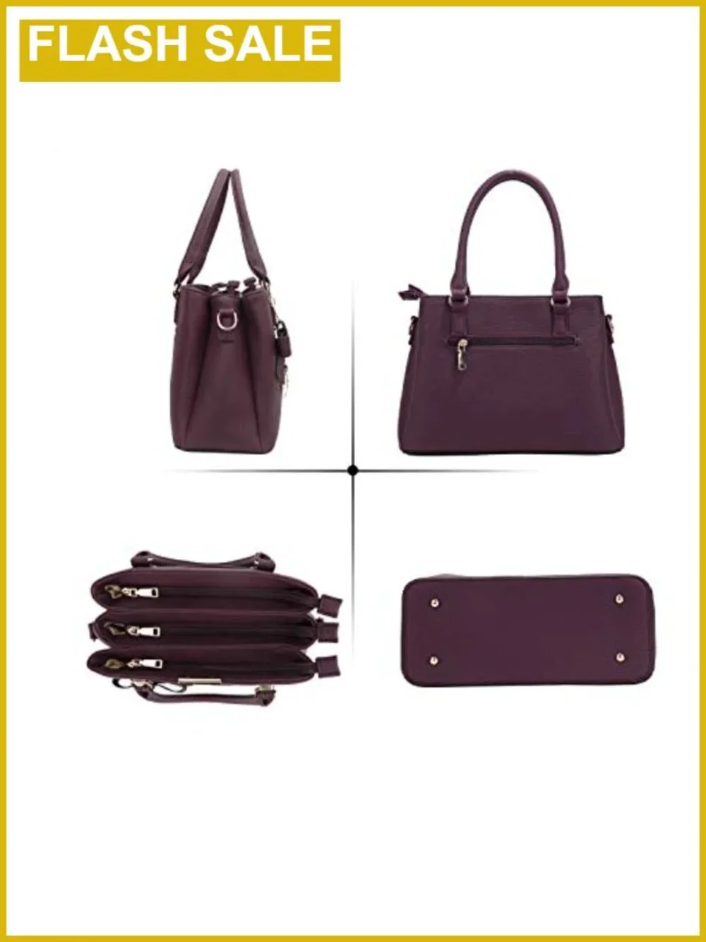 PU Leather Top Handle Satchel Bag, 3 Zippered Compartments Crossbody